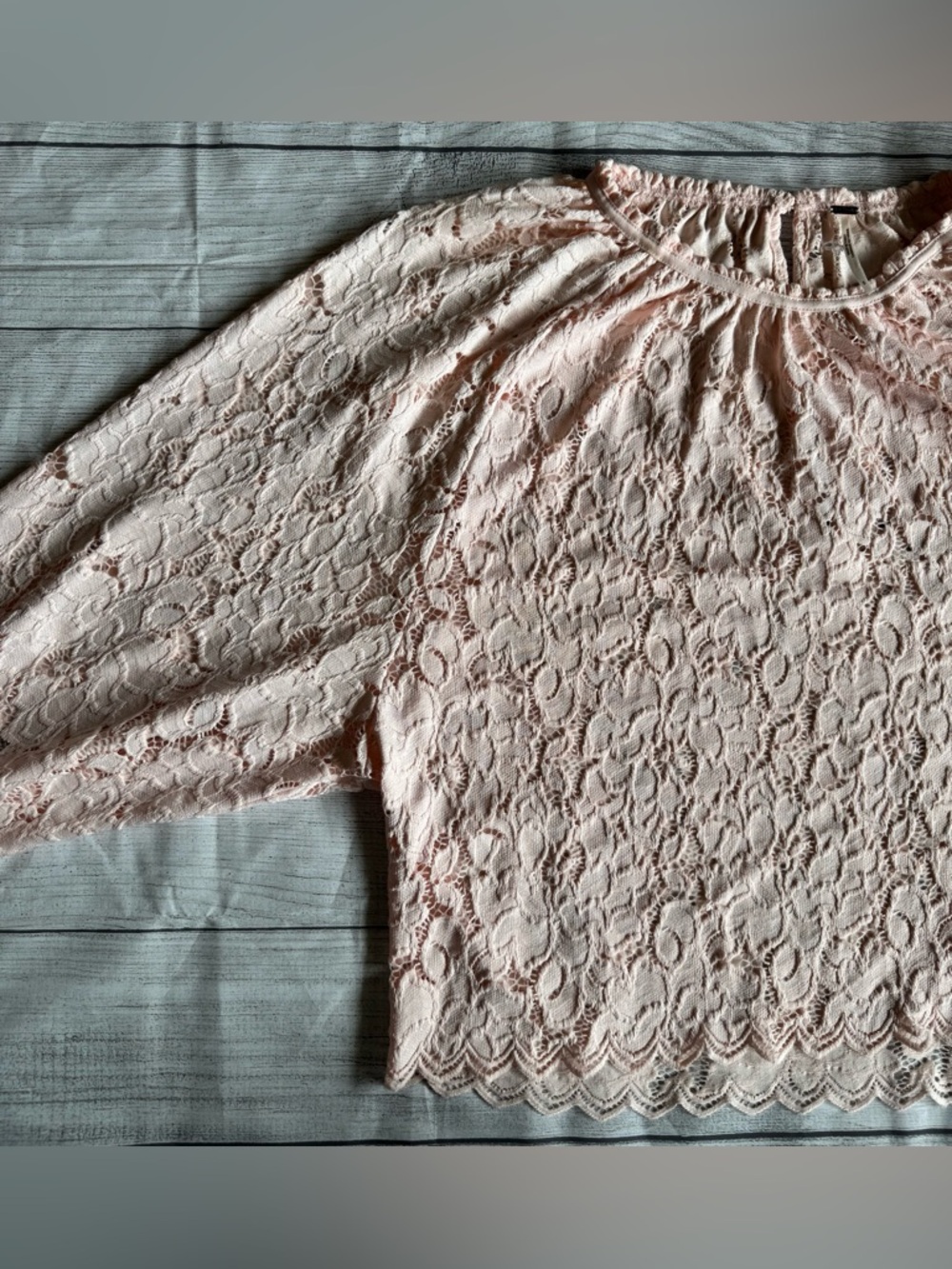 Free People Blush Pink Lace Boho Blouse Sheer Long Sleeve Romantic Top Size S - Picture 8 of 12